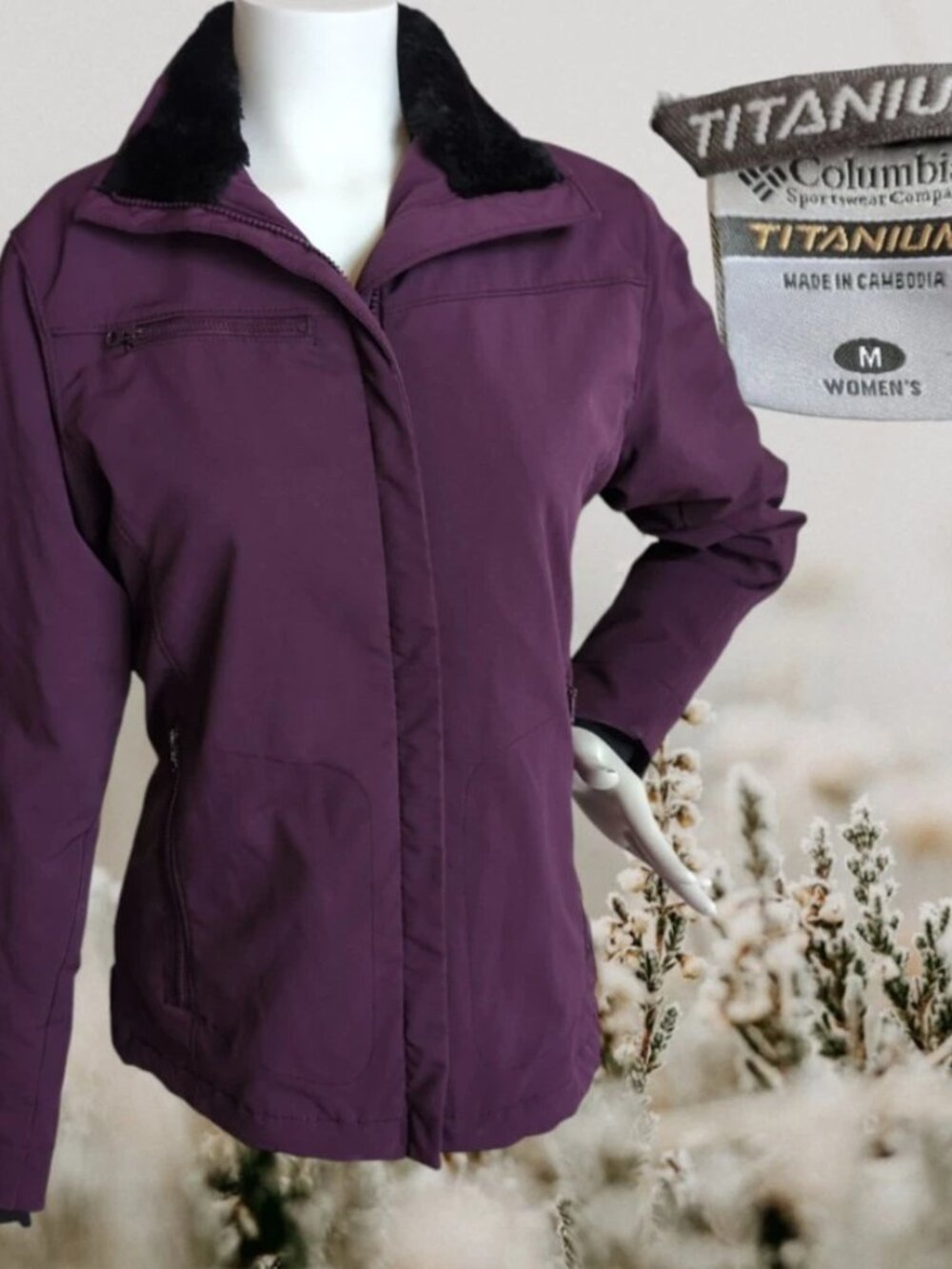 Columbia Titanium Jacket Womens Medium Purple Softshell Full Zip Faux Fur Lined